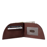 A brown, Tradevia Football Leather Front Pocket Wallet with a credit card in it and RFID-blocking technology.