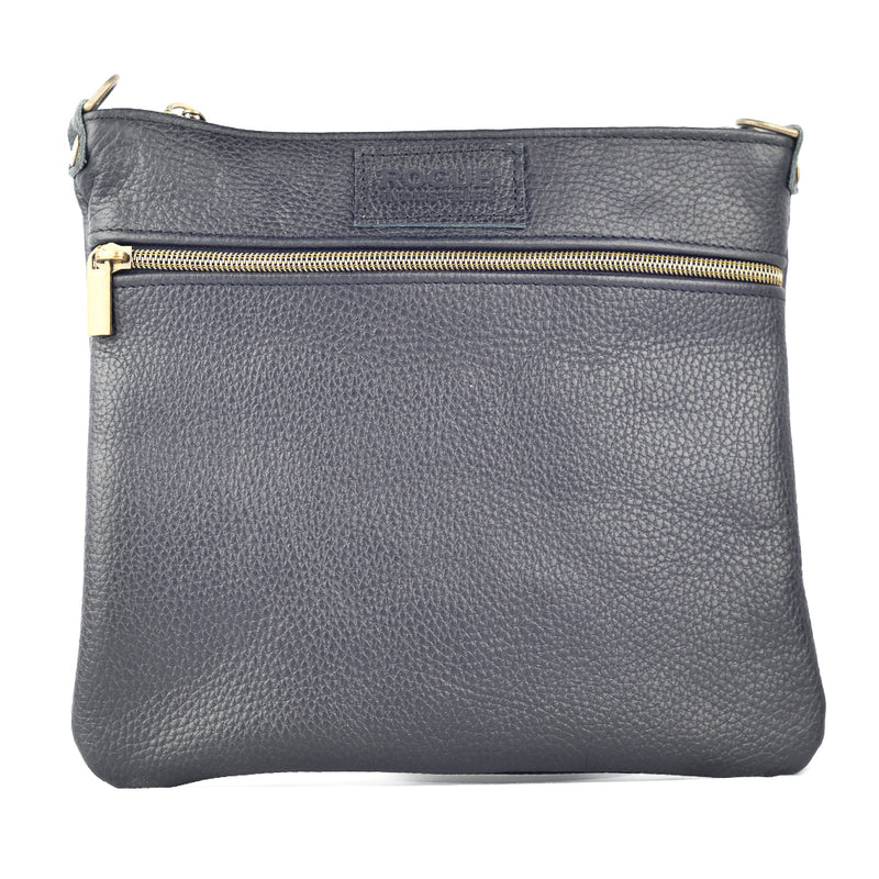 The Tradevia Ellis River Crossbody Bag in Leather features a sleek black genuine leather design, an adjustable leather strap, and a gold zipper pocket on the front.