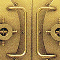 A Gold Vault door with two Tradevia RFID Blocking Credit Card Sleeves handles on it, designed to prevent skimming attacks.