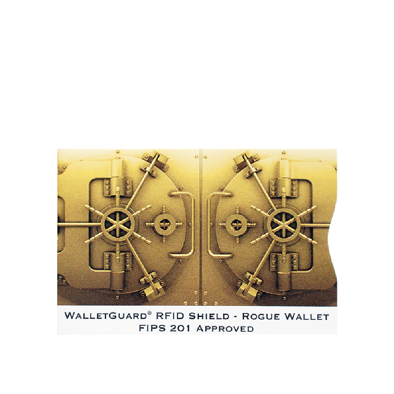 A close-up of a safe designed for RFID blocking with Tradevia' RFID Blocking Credit Card Sleeves - Gold Vault.