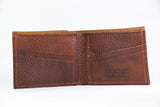 A brown genuine cowhide leather Heritage Wallet by Tradevia with a logo on it, made in USA.
