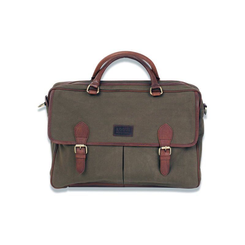 A green waxed canvas laptop bag from Tradevia with brown leather straps.