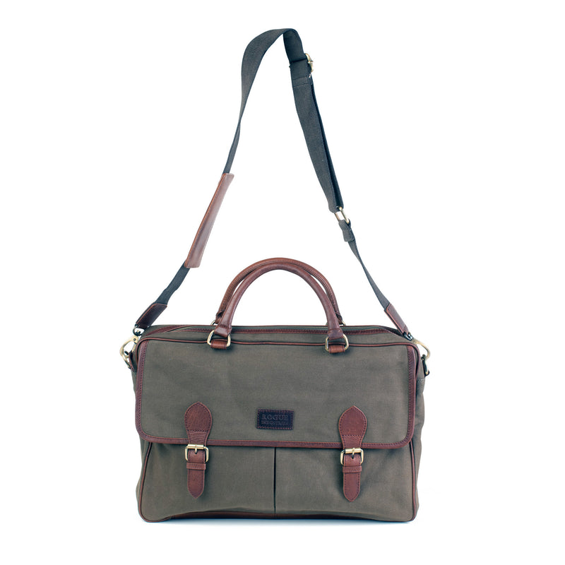 A durable green waxed canvas laptop bag with brown leather straps by Tradevia.