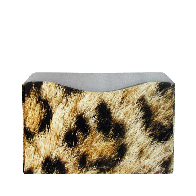 A leopard print wallet with Tradevia RFID Blocking Package of Credit Card Sleeves on a white background, protecting against skimming attacks.