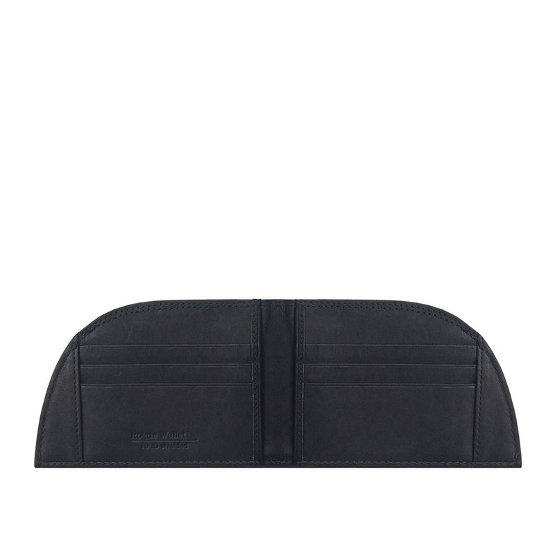 A black Tradevia American Bison Leather Front Pocket Wallet with a half open, designed as a front pocket wallet.