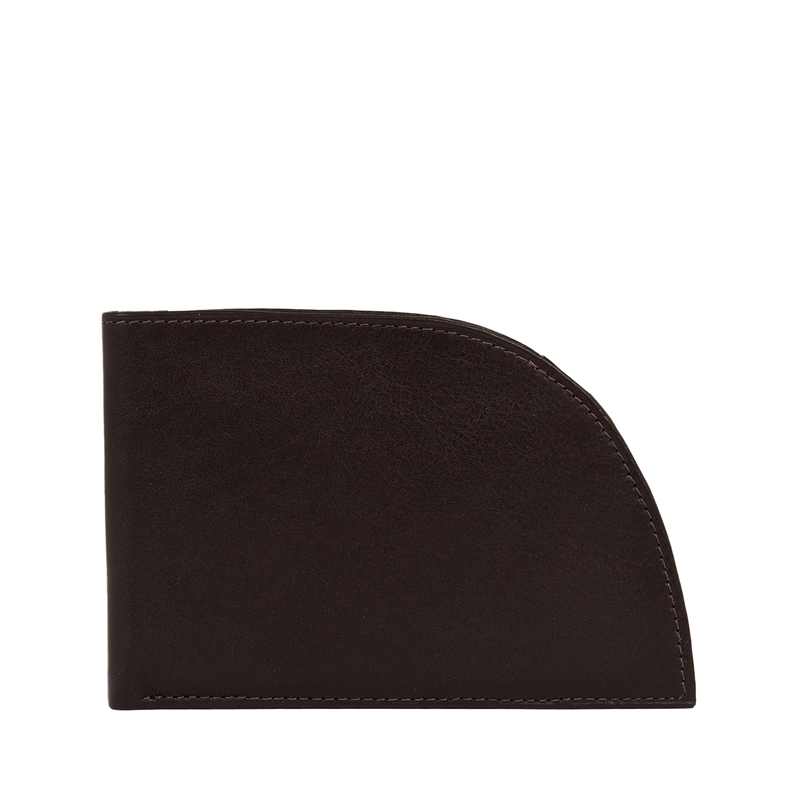 A Tradevia black Napa leather wallet with RFID protection and a curved corner.