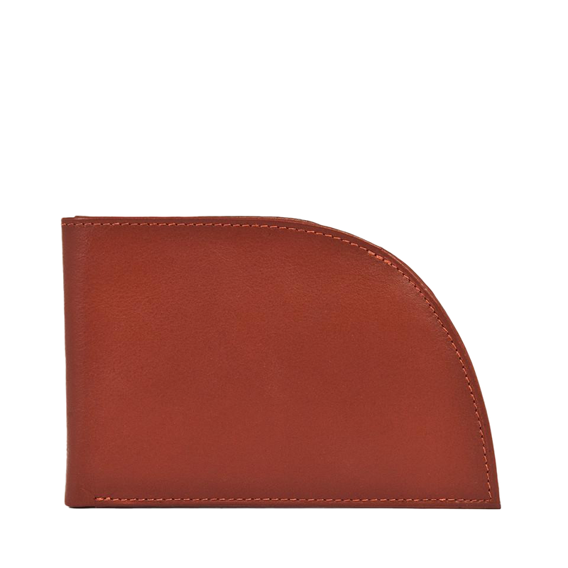 A Tradevia brown Napa leather wallet with RFID protection and a curved corner.
