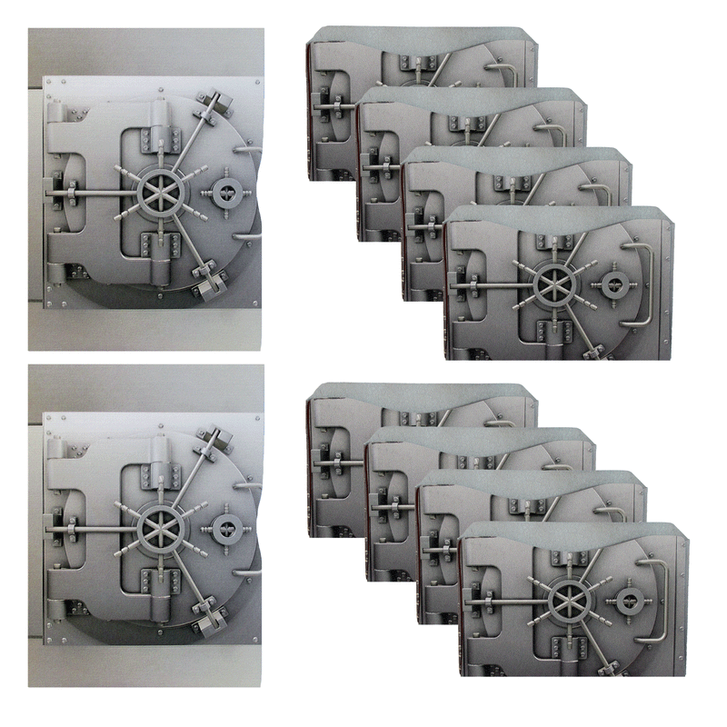 Several metal safes with Tradevia RFID Blocking Package of Credit Card Sleeves/Passport Sleeves.