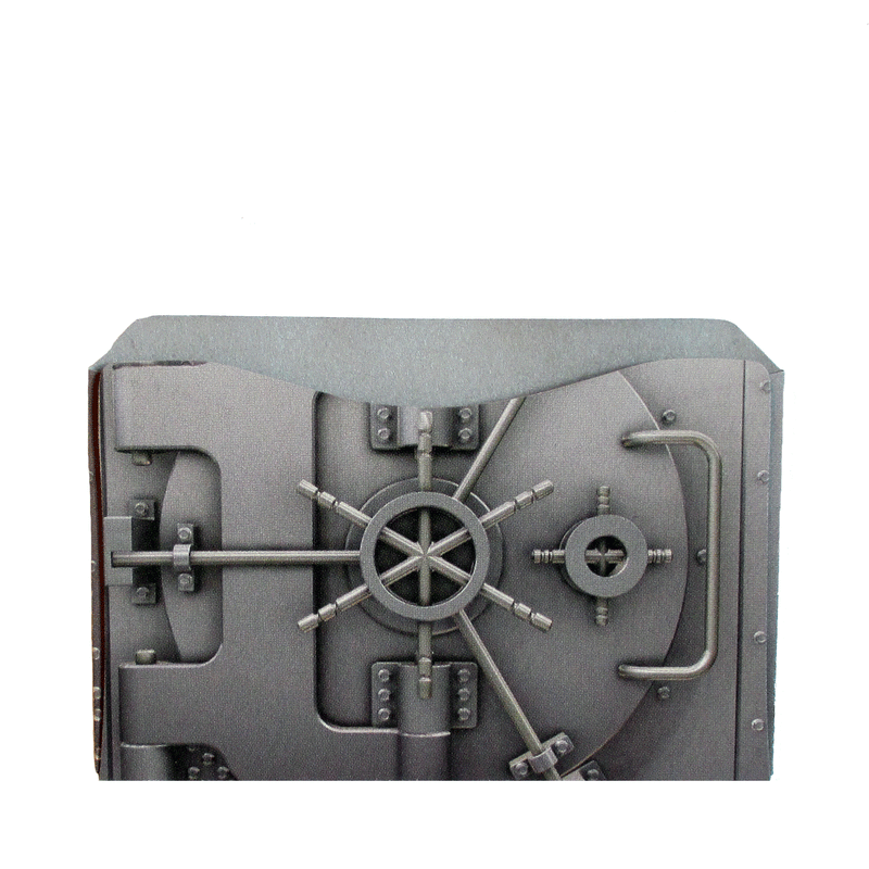 An image of a bank vault with Tradevia RFID Blocking Package of Credit Card Sleeves/Passport Sleeves on a white background.