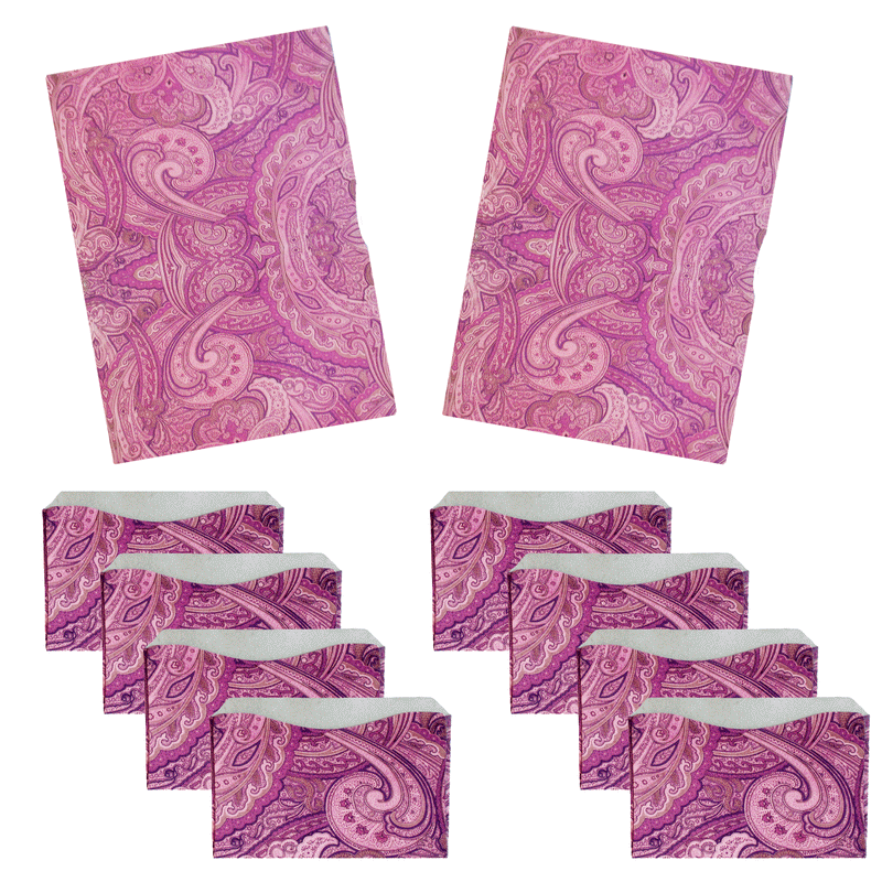 A set of pink paisley patterned Tradevia RFID Blocking Package of Credit Card Sleeves/Passport Sleeves on a white background.