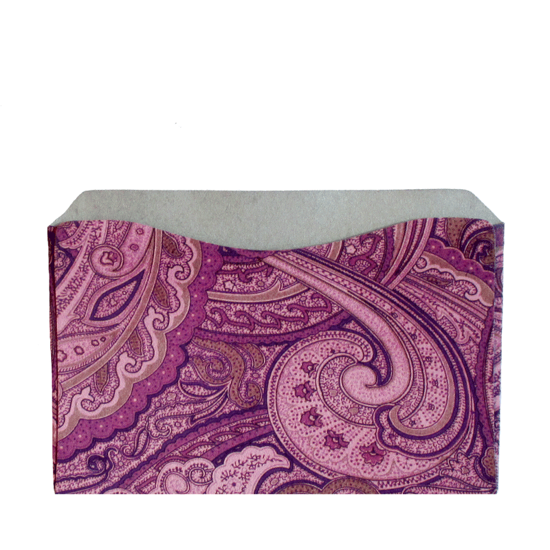 An RFID-blocking envelope with a purple paisley pattern on it, designed for Tradevia RFID Blocking Package of Credit Card Sleeves/Passport Sleeves to prevent skimming attacks.