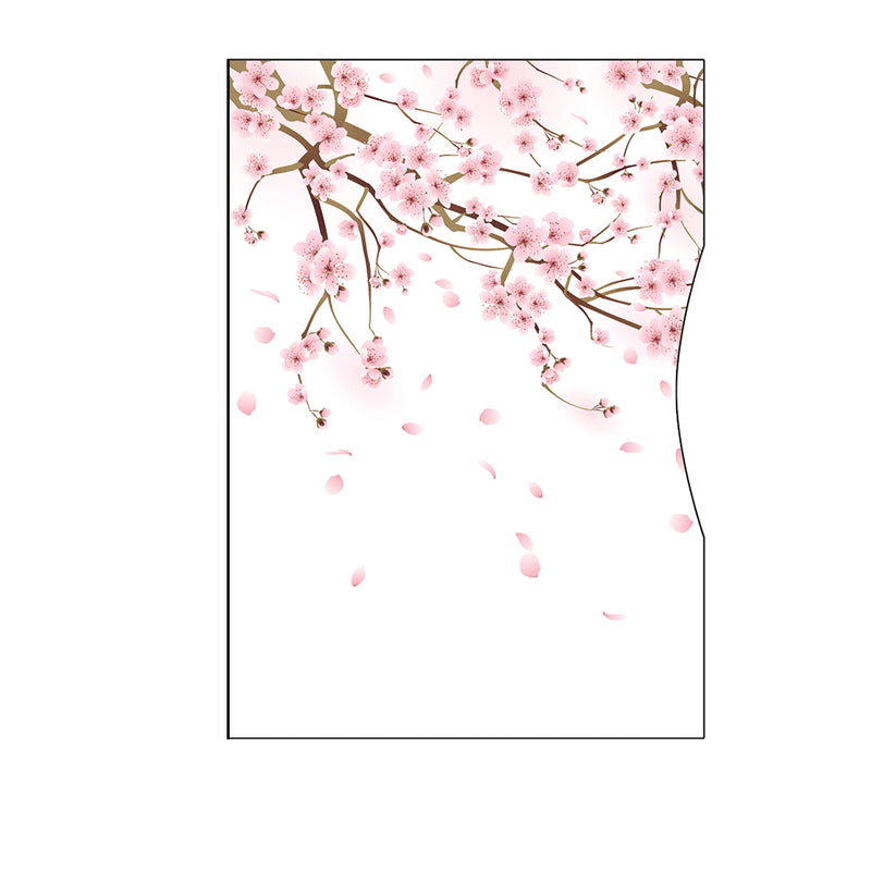 A white Tradevia credit card sleeve with pink cherry blossoms on it, designed for RFID blocking to protect against skimming attacks.