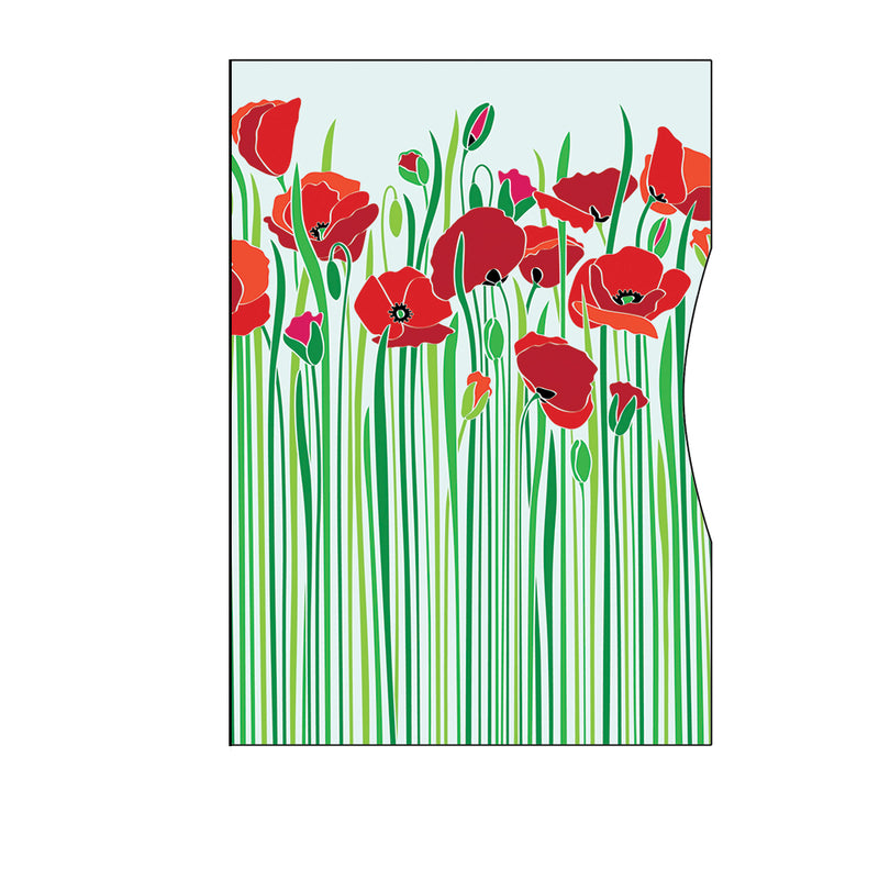Red poppies on a blue background, designed for Tradevia RFID Blocking Package of Credit Card Sleeves.