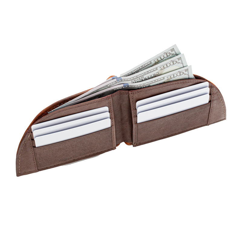 A Tradevia American Bison Leather Front Pocket Wallet with money in it.