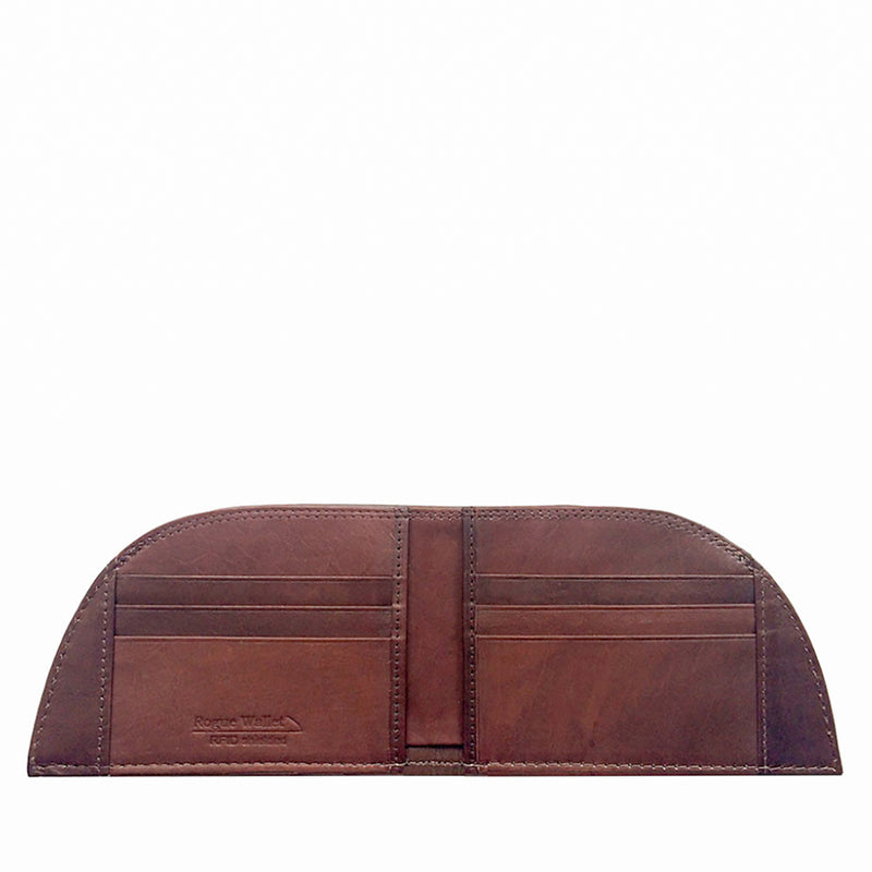 The Factory Second PREVIOUSLY EMBOSSED Made in Maine Front Pocket Wallet in Brown by Tradevia is a slim, semi-circular brown leather wallet with multiple card slots. It features an embossed "Rogue Wallet" logo and includes RFID-blocking technology to protect your valuable information.