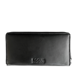 A black Tradevia Leather Smartphone Clutch on a white background.