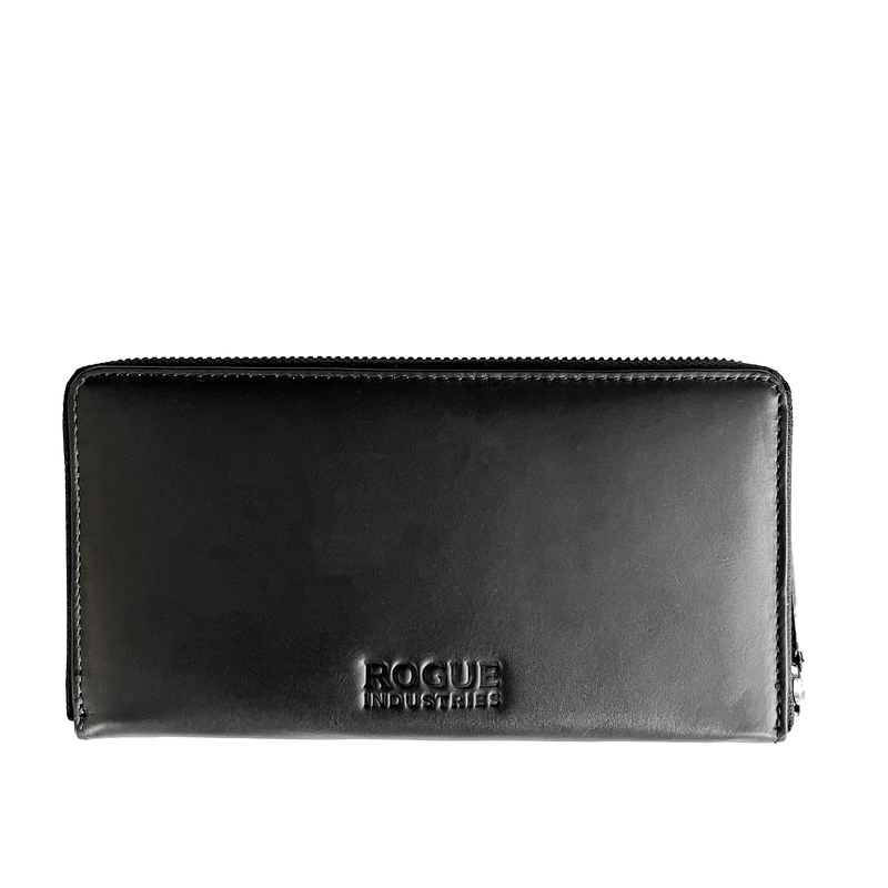 A black Tradevia Leather Smartphone Clutch on a white background.