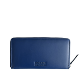 A blue zippered Leather Smartphone Clutch by Tradevia.