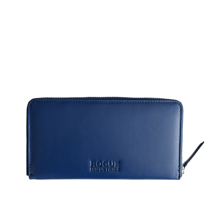 A blue zippered Leather Smartphone Clutch by Tradevia.