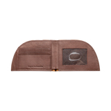 The Factory Second PREVIOUSLY EMBOSSED Made in Maine Front Pocket Wallet in brown by Tradevia opens to reveal three card slots on the left and a transparent ID window on the right, with intricate stitching detail visible. This slim wallet also features RFID-blocking technology for added security.
