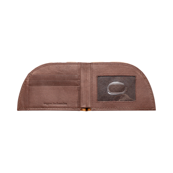 The Factory Second PREVIOUSLY EMBOSSED Made in Maine Front Pocket Wallet in brown by Tradevia opens to reveal three card slots on the left and a transparent ID window on the right, with intricate stitching detail visible. This slim wallet also features RFID-blocking technology for added security.
