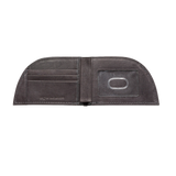 A black, RFID-blocking Tradevia American Bison Leather Front Pocket Wallet with a clip.