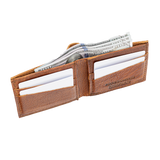 A Tradevia Heritage Wallet in Bison Leather with money in it, made in the USA.