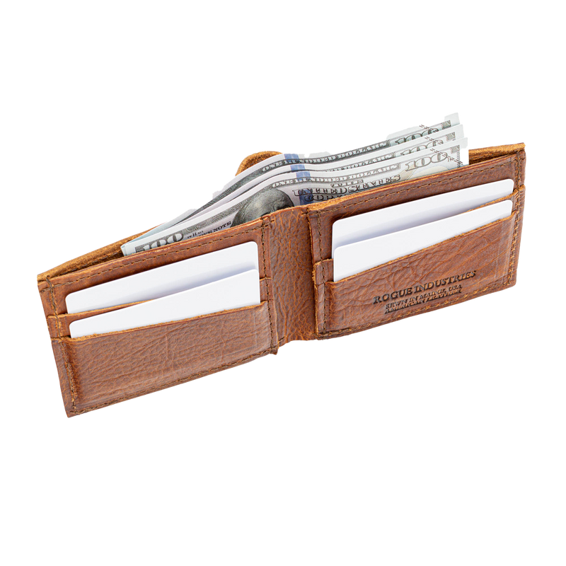 A Tradevia Heritage Wallet in Bison Leather with money in it, made in the USA.