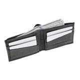 A black Tradevia Heritage Wallet in Bison Leather with two credit cards in it.