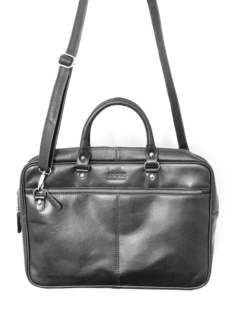 A Tradevia West End Slim Leather Laptop Bag on a white background.