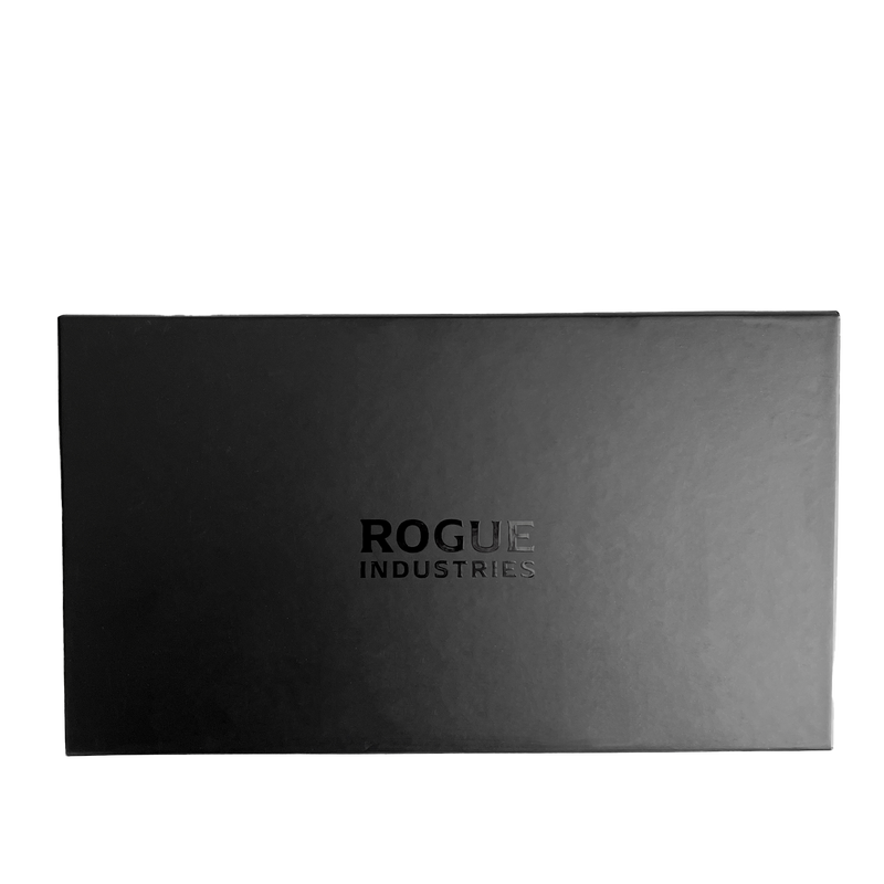 A black, premium leather box with the words Tradevia on it.