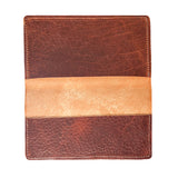 A brown and tan Tradevia American Bison leather checkbook cover on a white background, crafted in a Maine workshop.