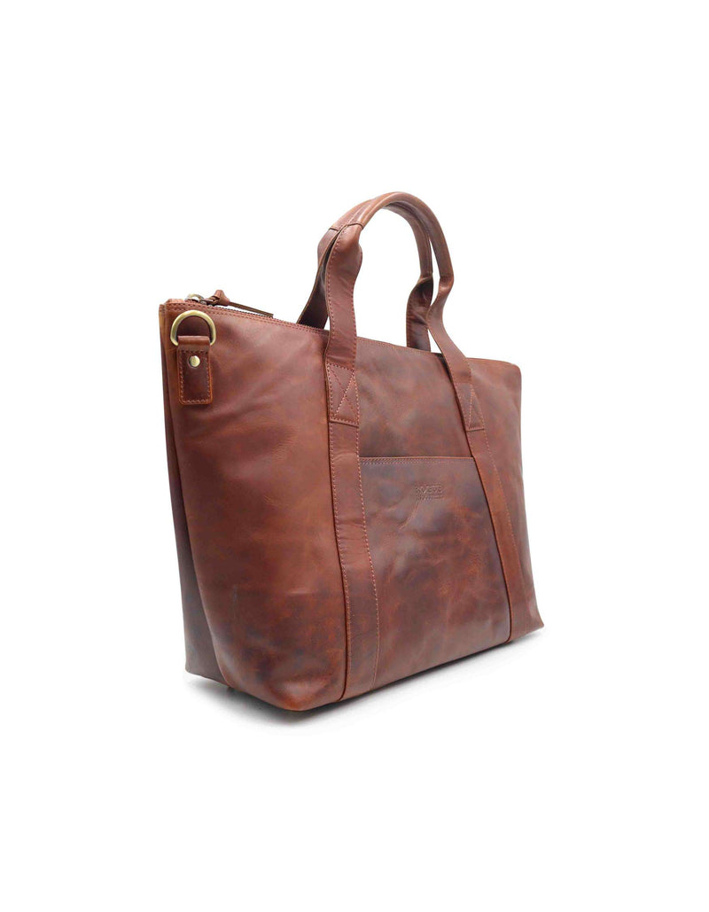 A brown full-grain leather Rockport Leather Weekend Tote on a white background by Tradevia.