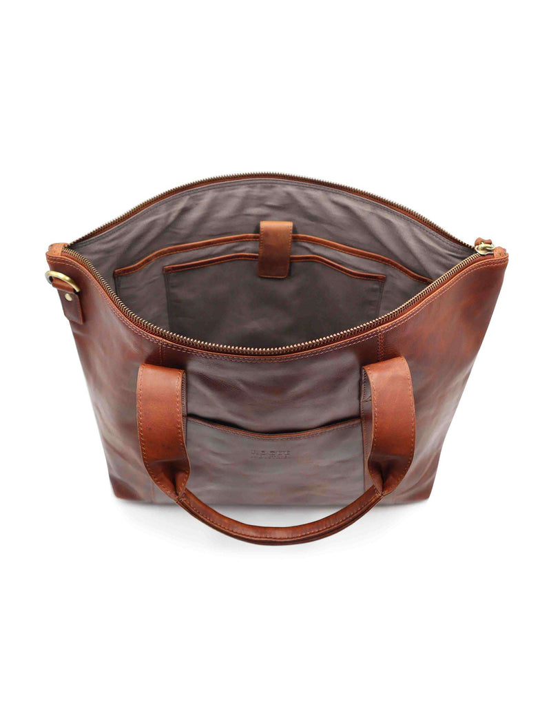 A brown full-grain leather Rockport Leather Weekend Tote bag by Tradevia on a white background.
