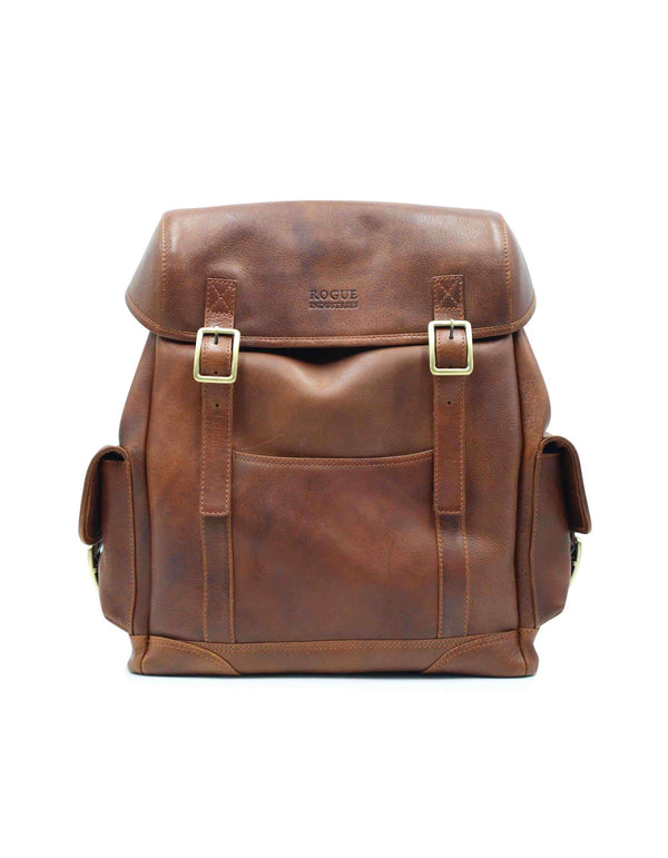 A Highlander Leather Backpack by Tradevia, with adjustable buckle closures and two straps.