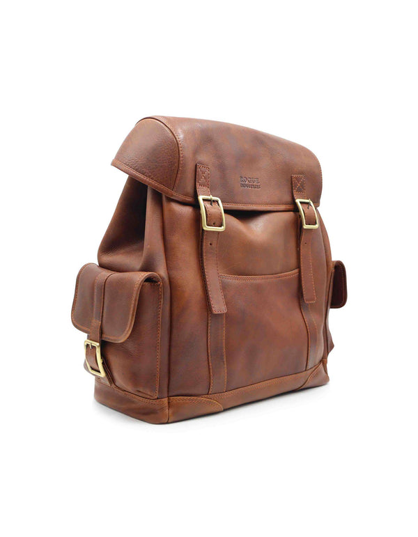 A brown top grain leather Highlander Leather Backpack with adjustable buckle closures on a white background by Tradevia.
