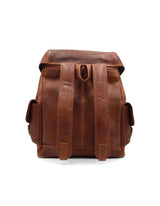 A Highlander Leather Backpack by Tradevia with adjustable buckle closures on a white background.