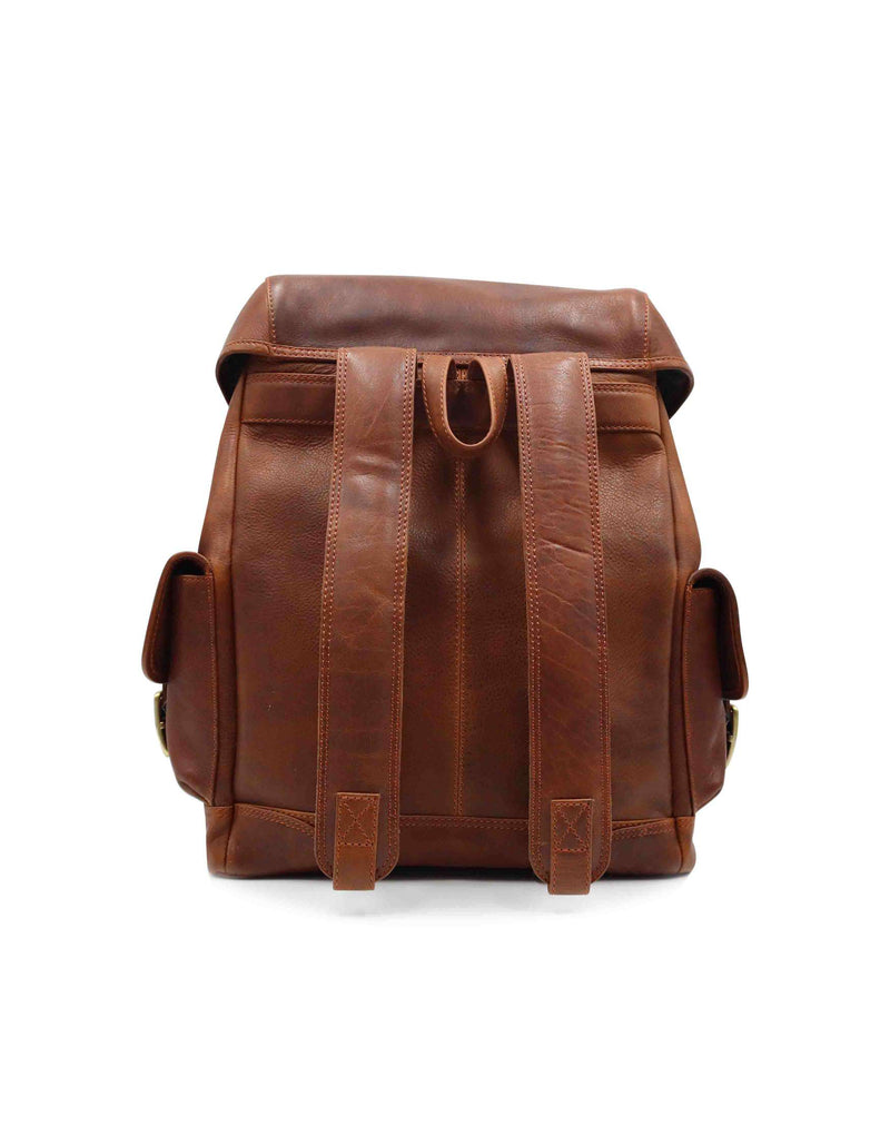 A Highlander Leather Backpack by Tradevia with adjustable buckle closures on a white background.