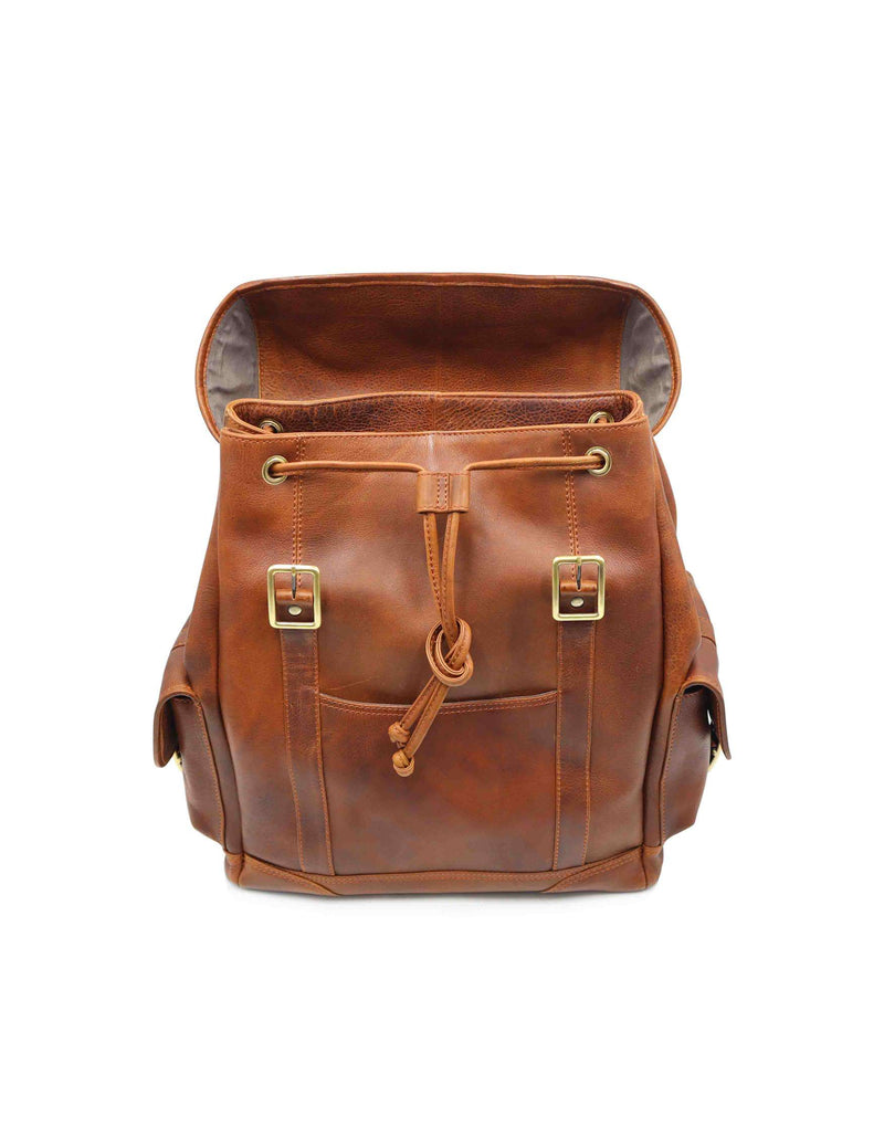 A Highlander Leather Backpack from Tradevia with adjustable buckle closures and two straps.