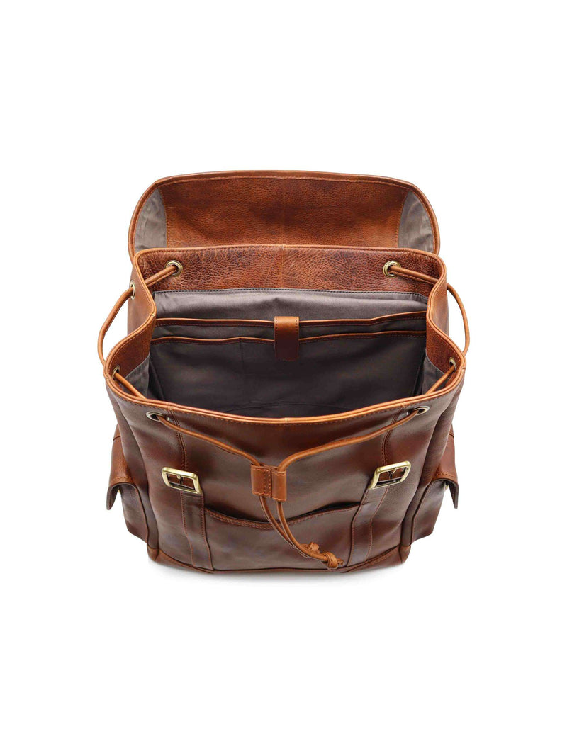 The inside of a Tradevia Highlander Leather Backpack featuring adjustable buckle closures.
