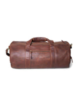 An imported Seal Cove leather duffle bag by Tradevia on a white background.