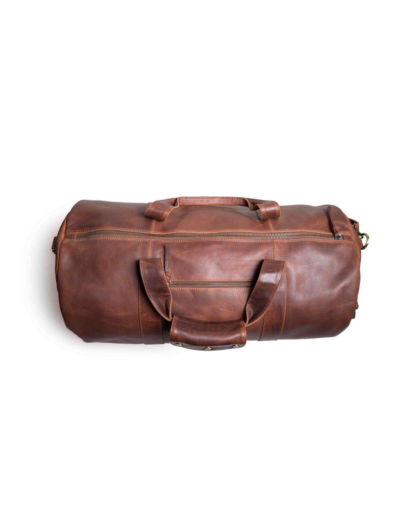 An imported Seal Cove Leather Duffle Bag by Tradevia on a white background.