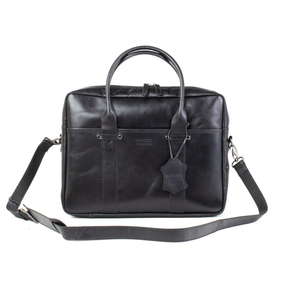 A black genuine leather Katahdin Leather Briefcase with a removable strap by Tradevia.