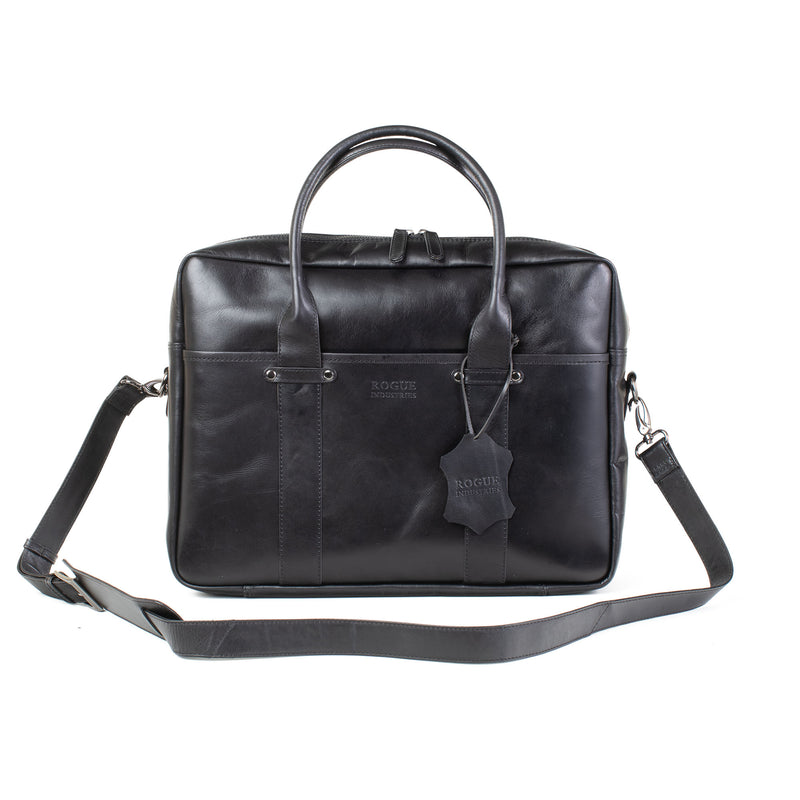A black genuine leather Katahdin Leather Briefcase with a removable strap by Tradevia.