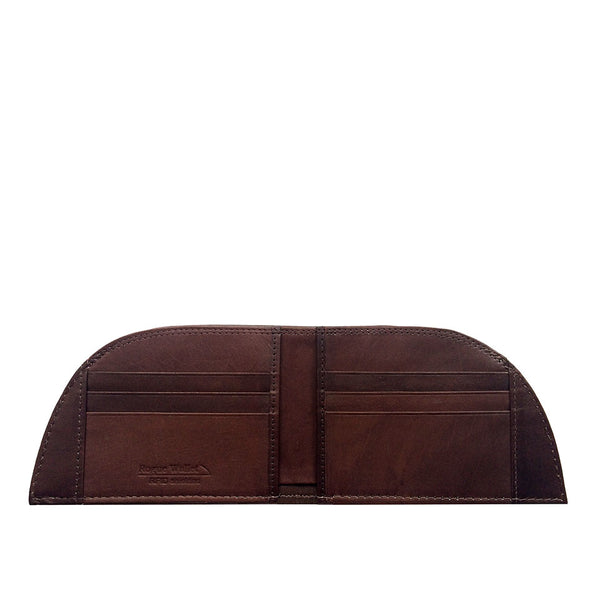 A brown bison leather Tradevia wallet on a white background.