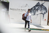 Mount Blue Leather Duffle at the Japanese fish market by Tradevia.