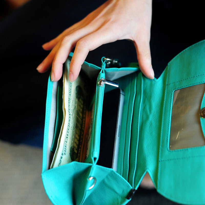 RFID Blocking Clutch - Tradevia - Ostrich Print Teal Open with Phone