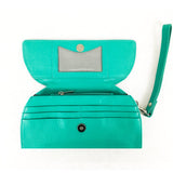 RFID Blocking Clutch - Tradevia - Ostrich Print Teal Open
