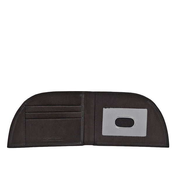 A black, genuine leather Blue Line Front Pocket Wallet by Tradevia with a card in it.