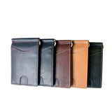 A row of different colored Tradevia Minimalist Wallets with Money Clip on a white background.